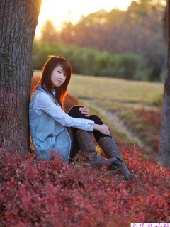 阳光透过的树林中有一位美丽的姑娘